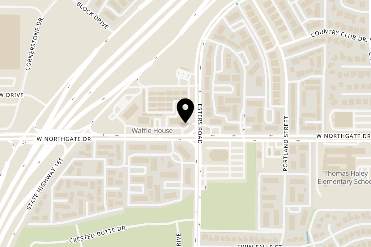 Map showing the location of Everything Halal Irving on 3701 Esters Road in Irving